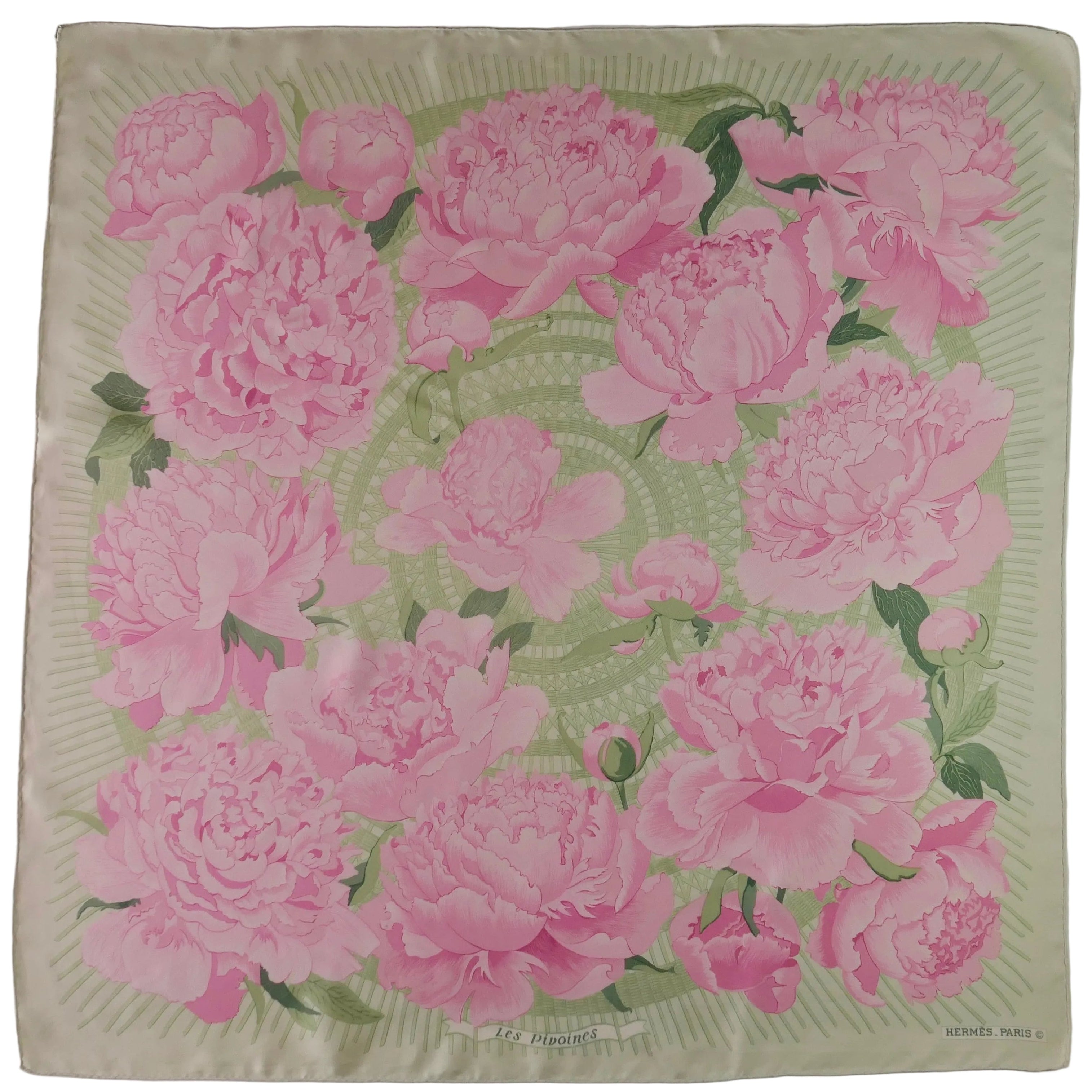 Carré Hermès Les Pivoines Christiane Vauzelles 90 cm soie, vue d'ensemble rose vert amande 1977