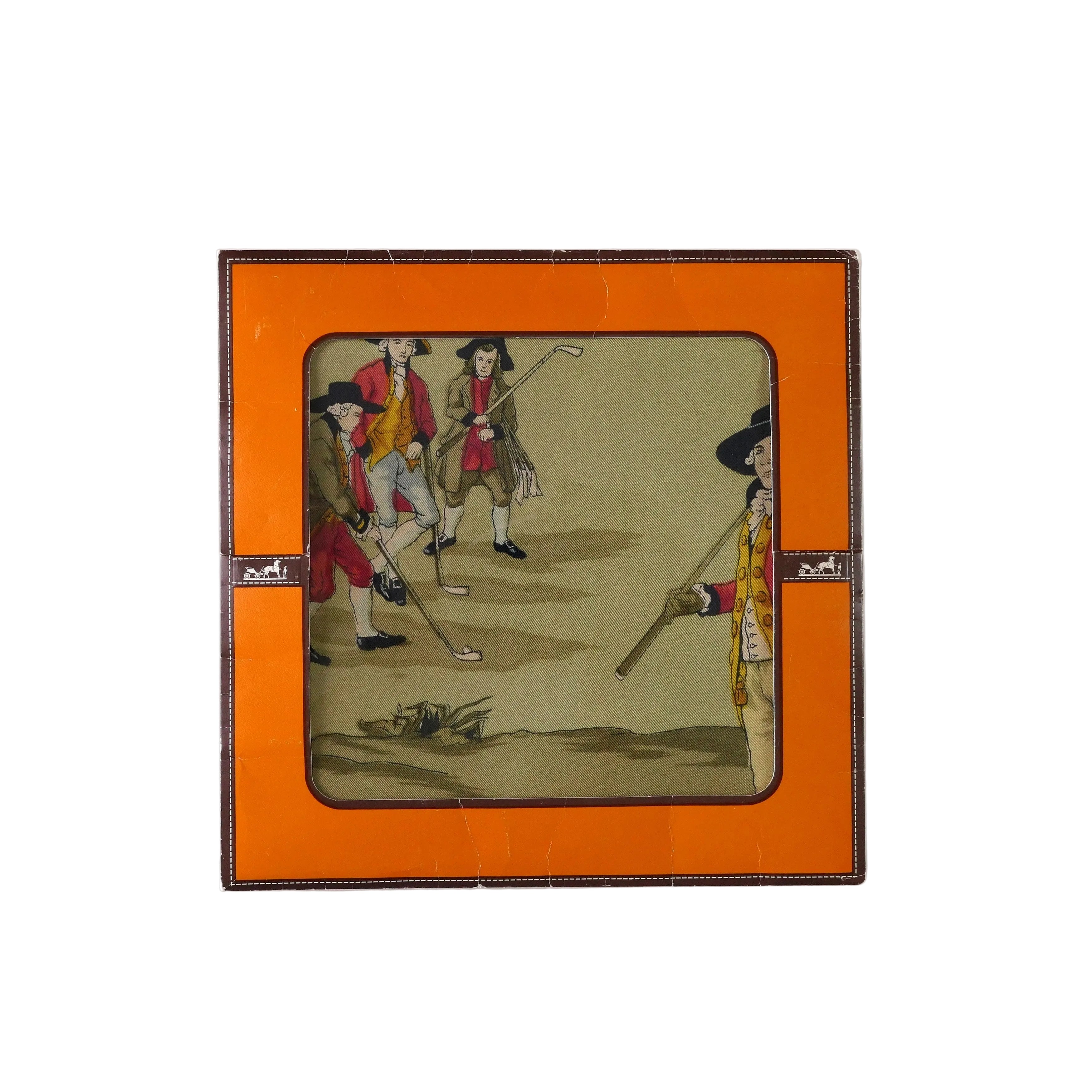 Carré Hermès Noble et très ancien jeu de golf 90 cm soie, pochette d'origine 1953 fenêtre cartonnée