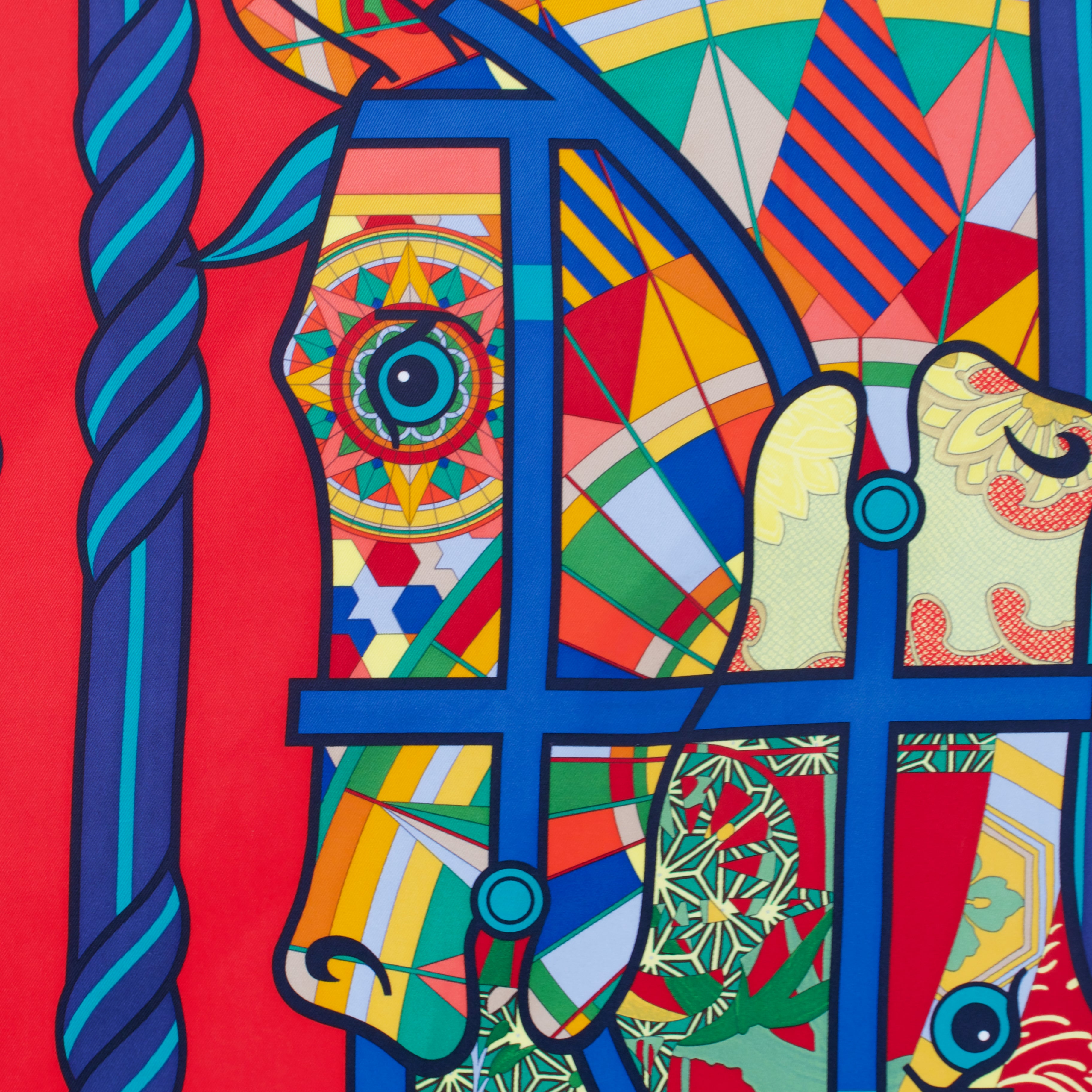 Carré Hermès Quadrige Costumé détail chevaux stylisés géométriques multicolores sur soie