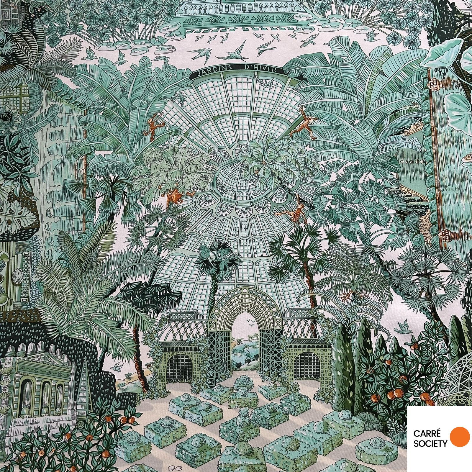 Jardin d'Hiver Hermès par Annie Faivre : architecture de serre et flore luxuriante.