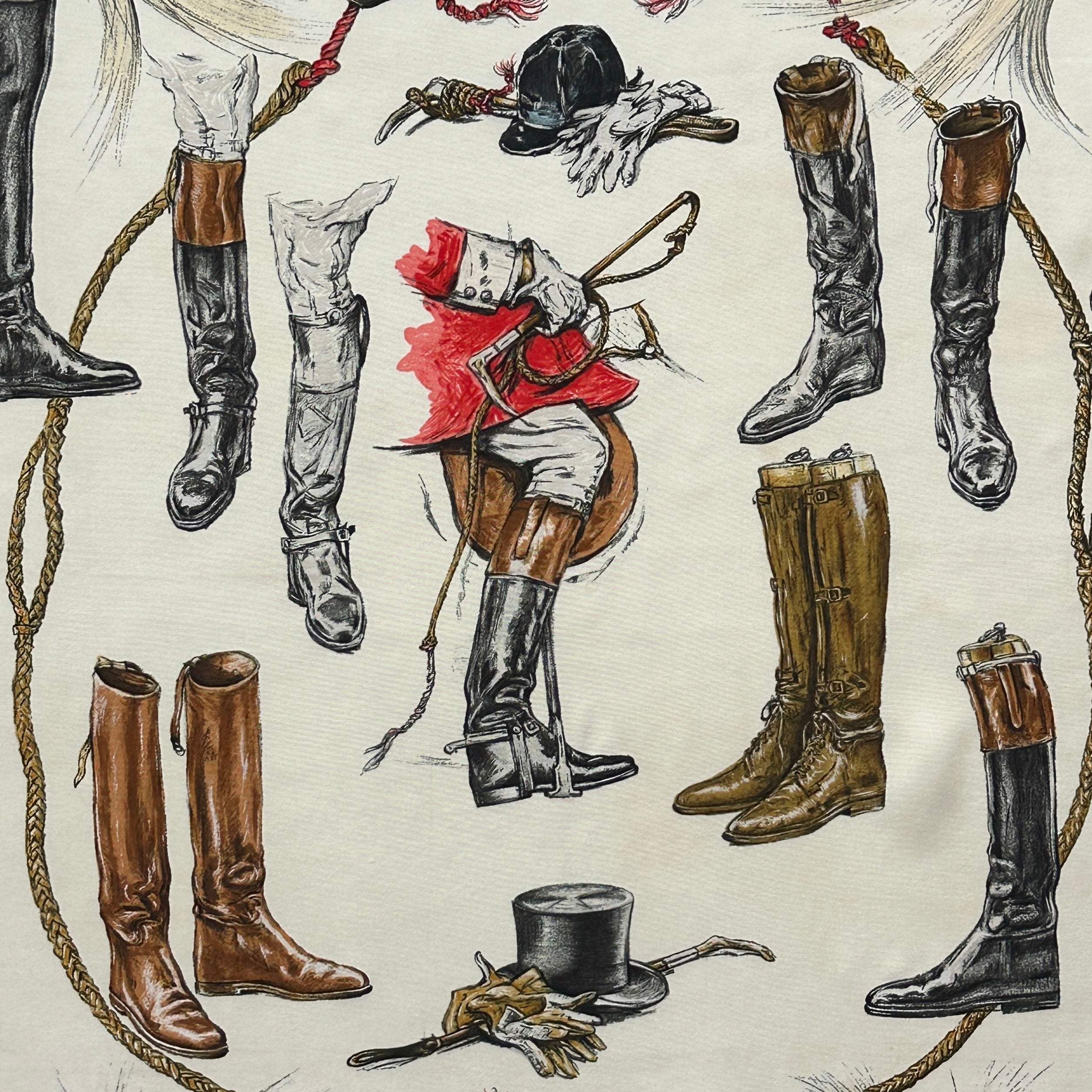 Zoom sur le dessin au crayon de Xavier de Poret montrant des bottes de cuir noir et marron et une veste rouge centrale.