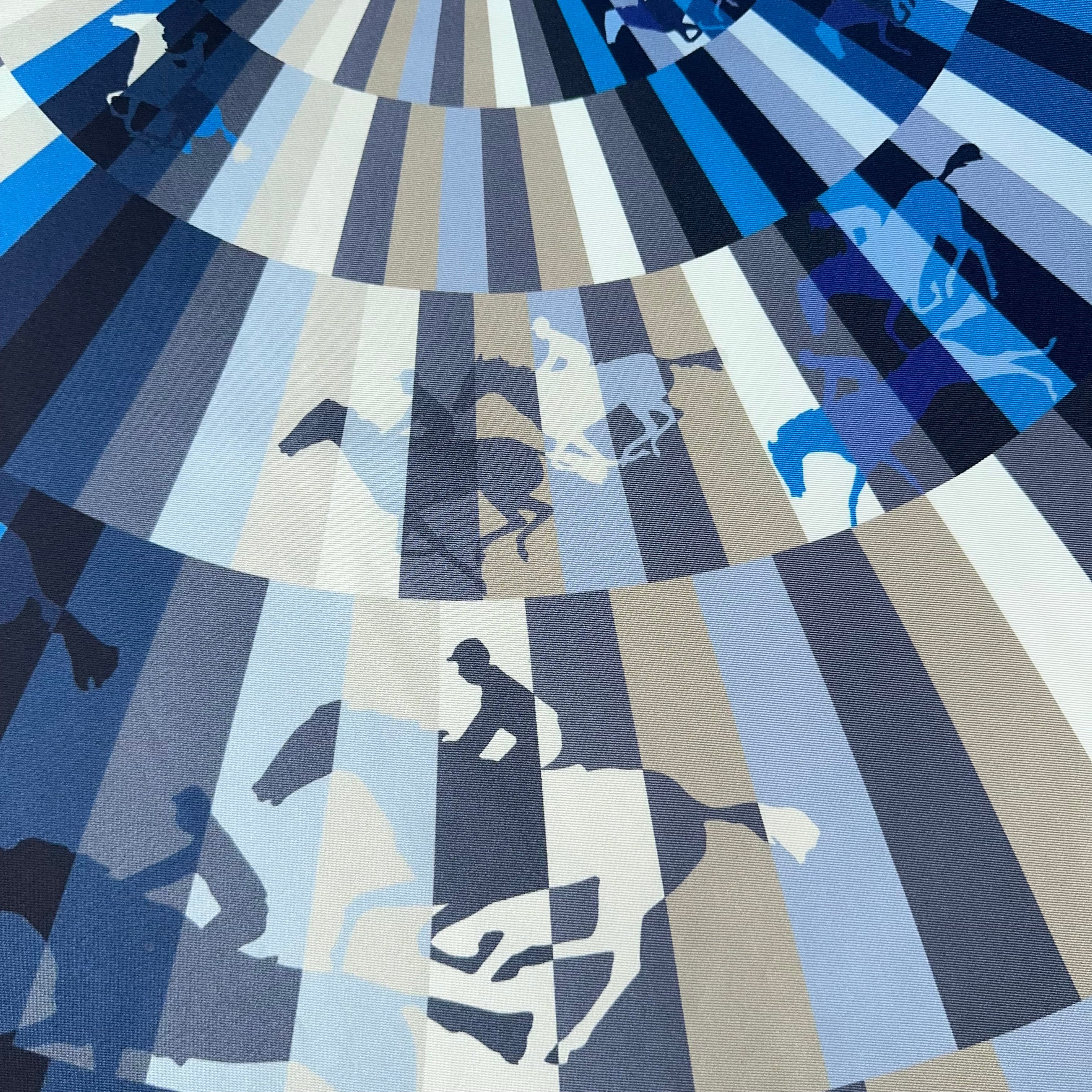 Détail des silhouettes de chevaux stylisées par des blocs de couleurs géométriques, style pixel-art ou chronophotographie.