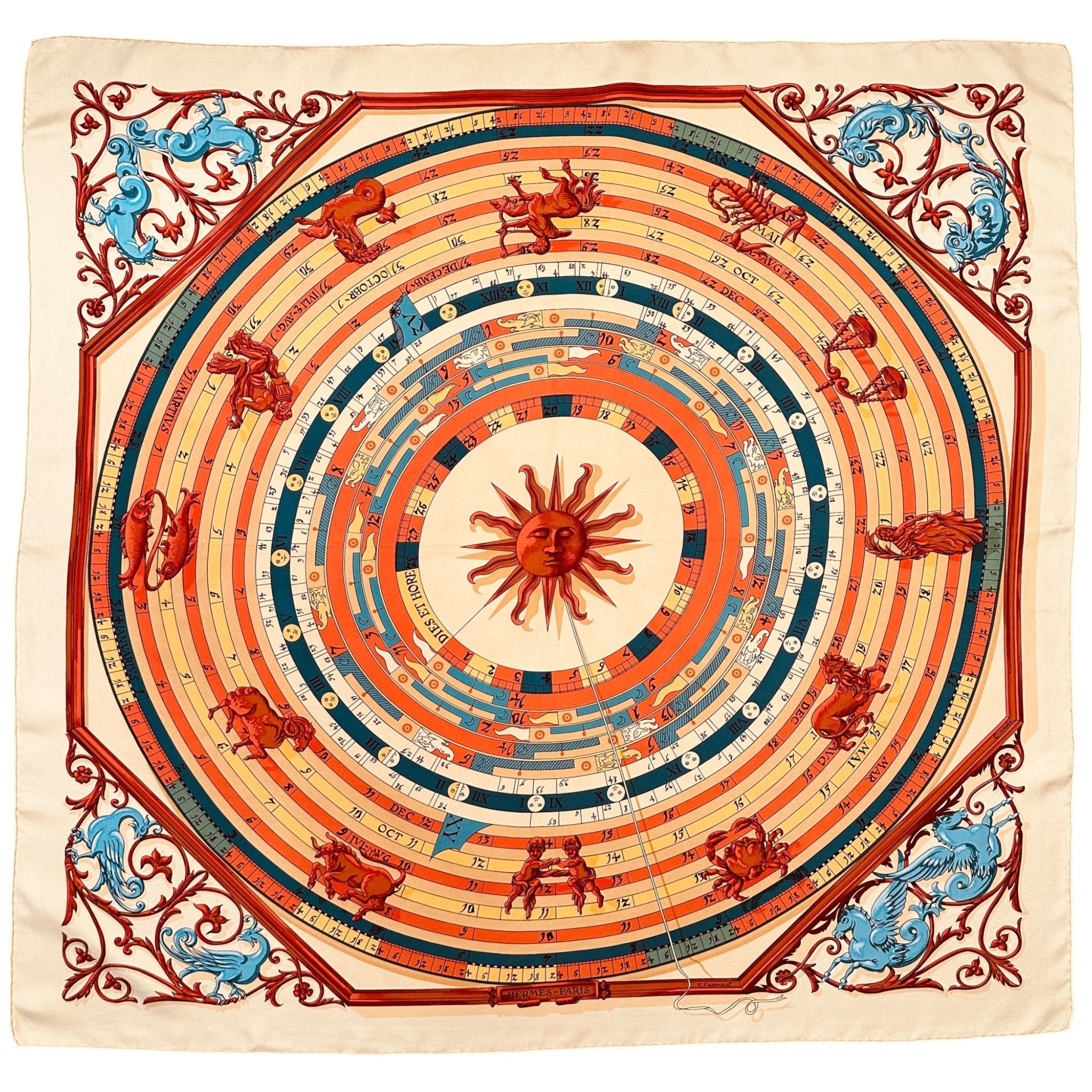 foulard carre hermes en soie dies et hore creme jaune paille bleu et orange