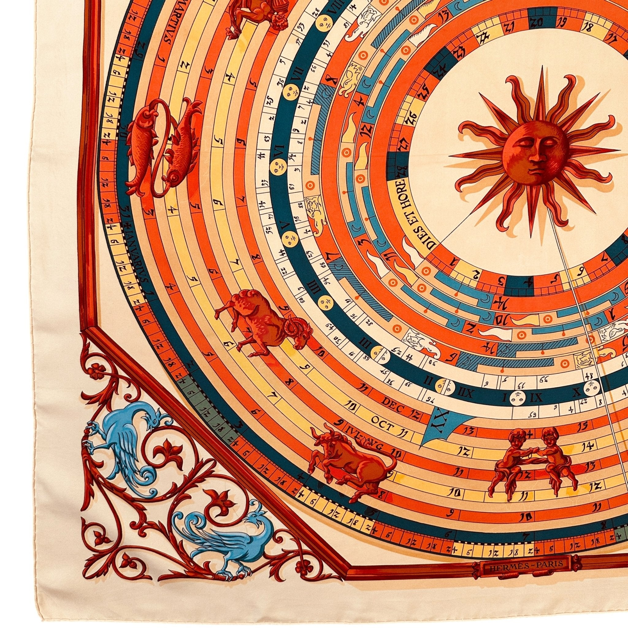 signes du zodiac dessinné sur le foulard carre hermes en soie dies et hore