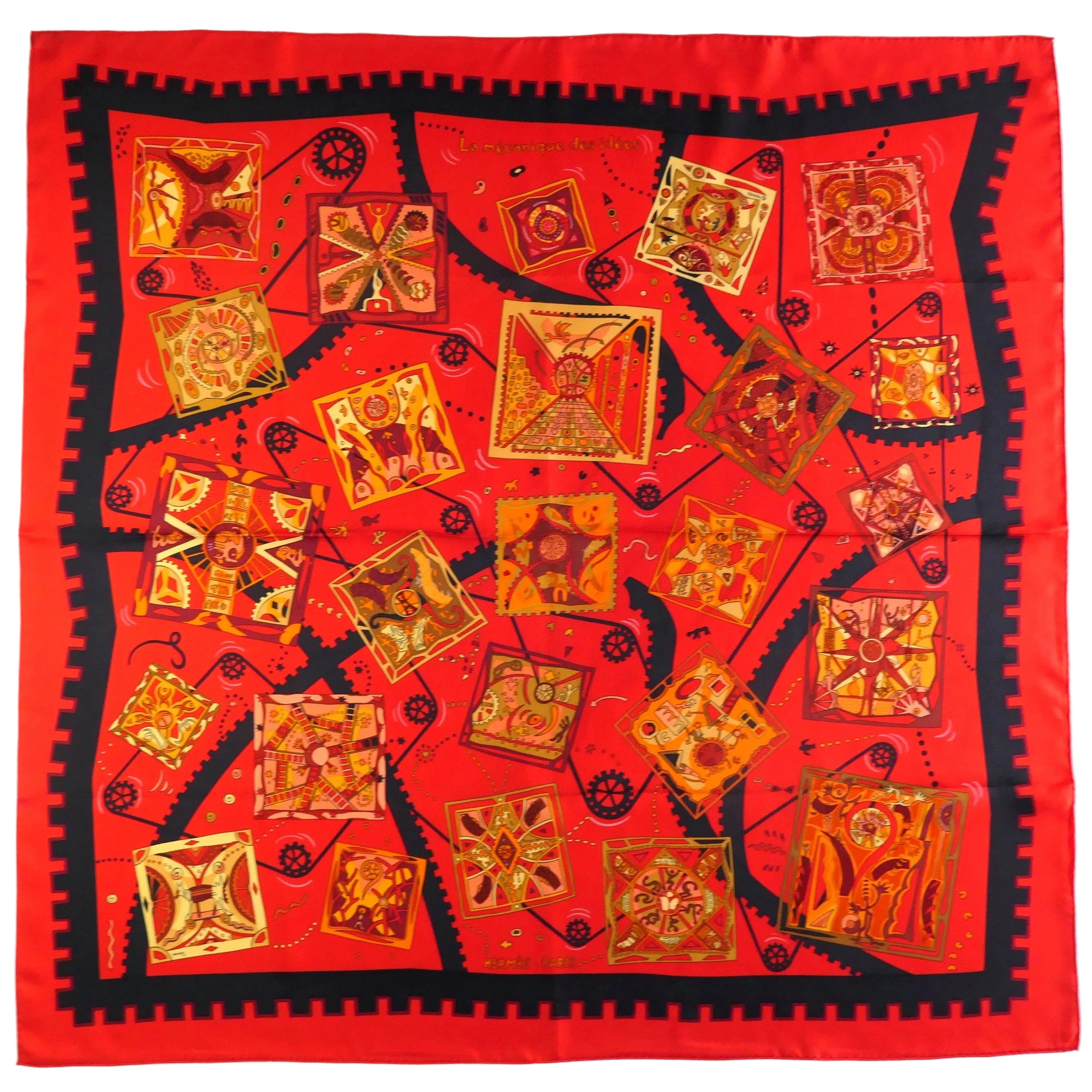 Carré Hermès La Mécanique des Idées Christine Henry 90 cm soie, vue d'ensemble rouge flamboyant 2004