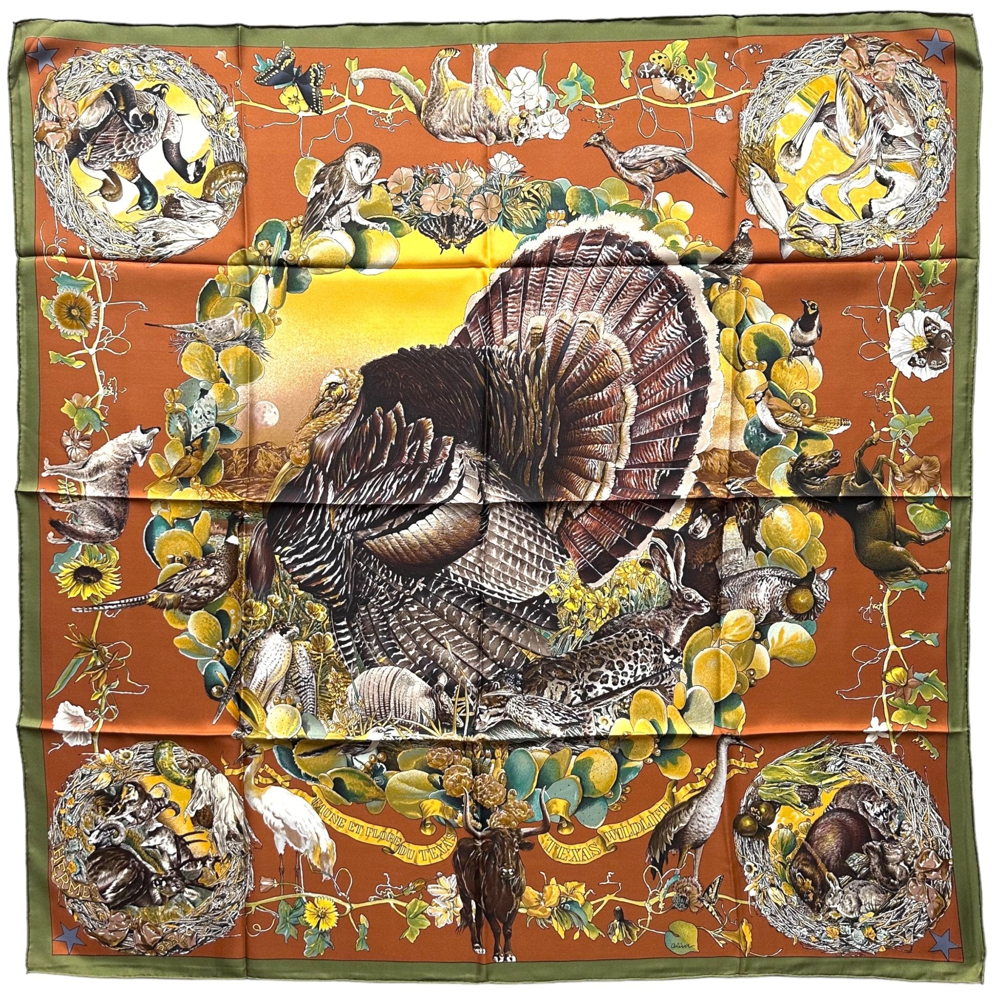 Foulard Hermès 90 Cm Faune Et Flore Du Texas - Soie Multicouleur - Occasion De Collection