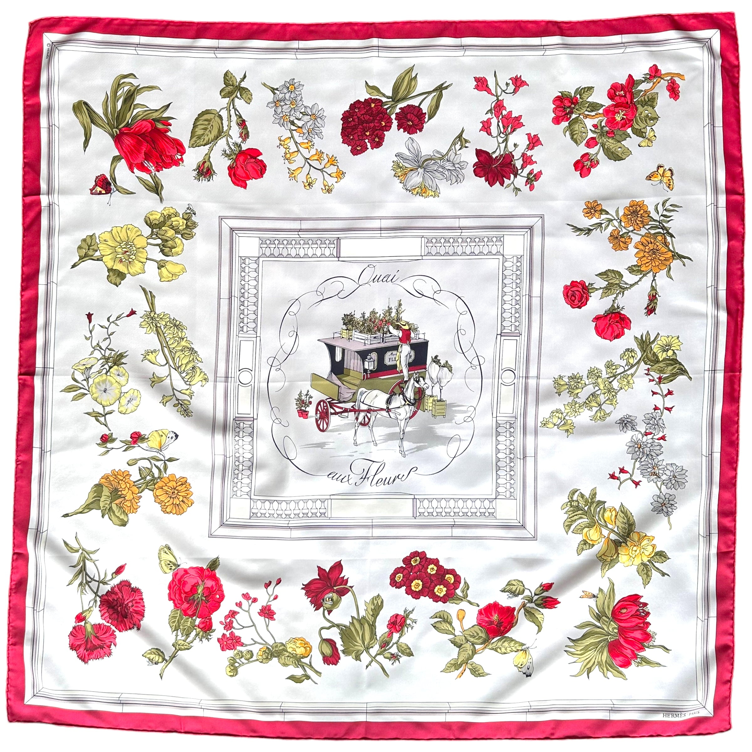 foulard quai aux fleurs en soie fond blanc entourage rose rouge