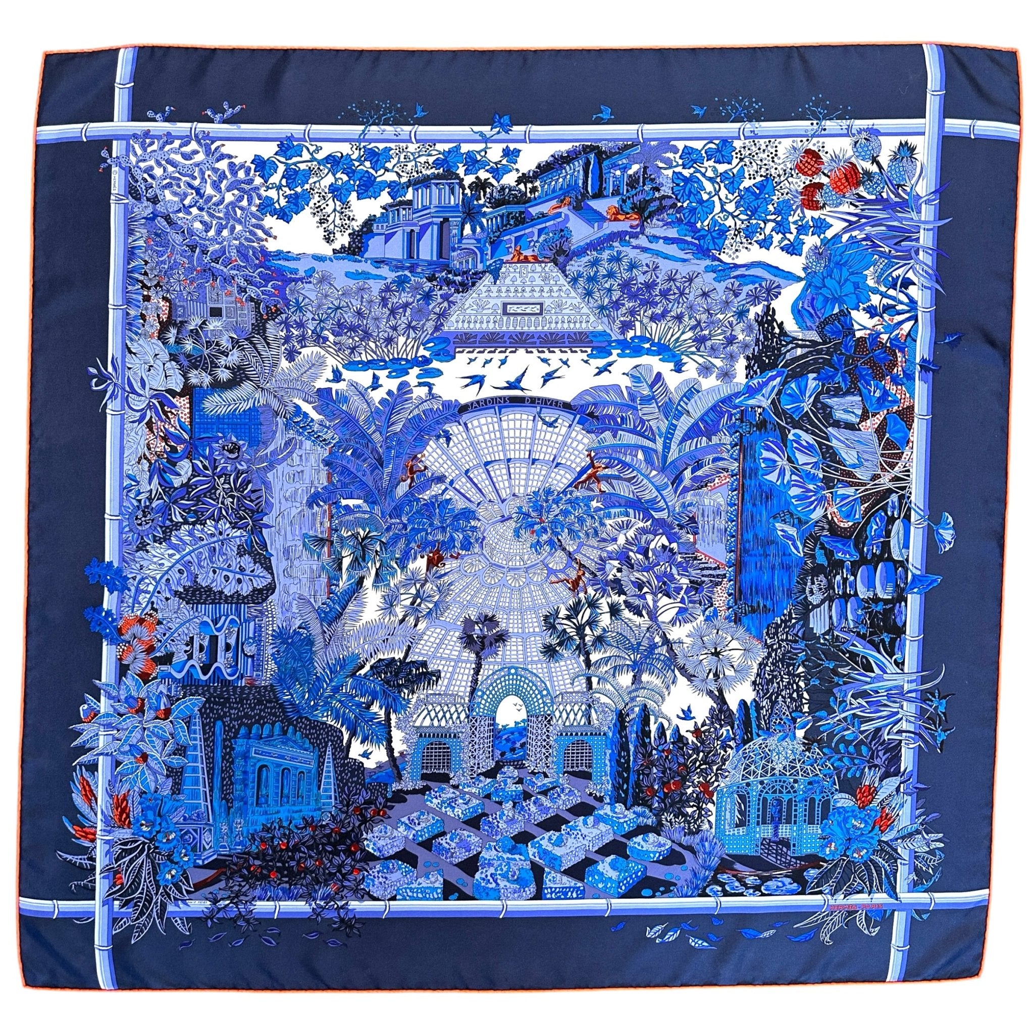 foulard dessin de serre bleu entourage bleu marine