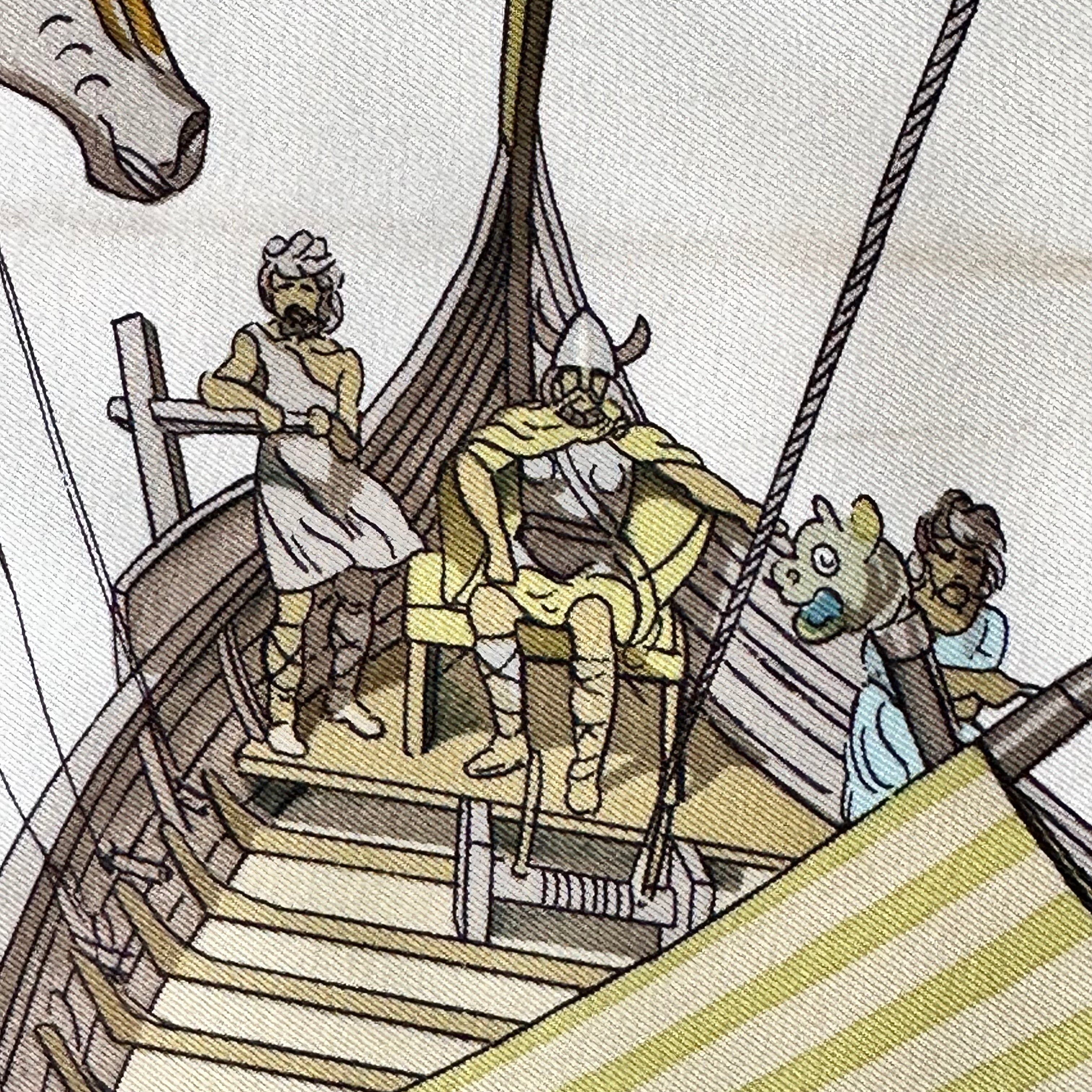 detail dessin de vikings sur le foulard hermès 