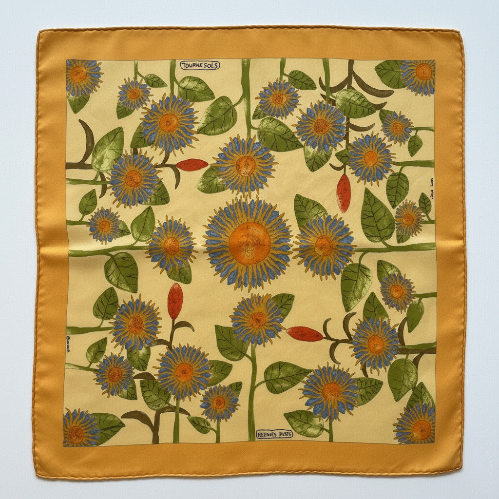 Foulard Hermès Tournesols soigneusement repassé, prêt à offrir