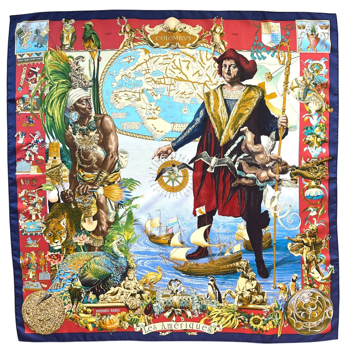 Foulard Hermès Carré 90 « Les Amériques » En Soie Multicolore - Avec Sa Boîte D'origine