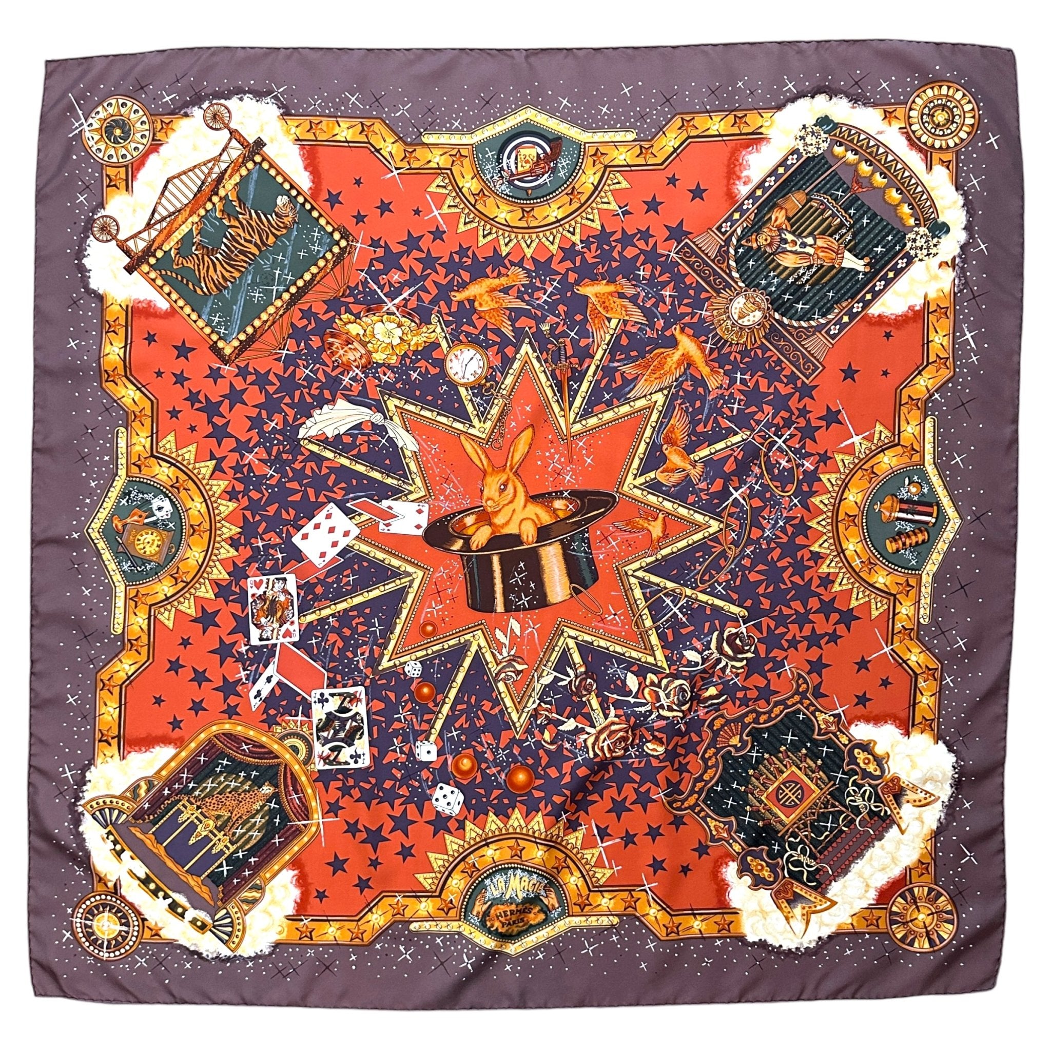 foulard carre hermes magie tons chocolat et orange