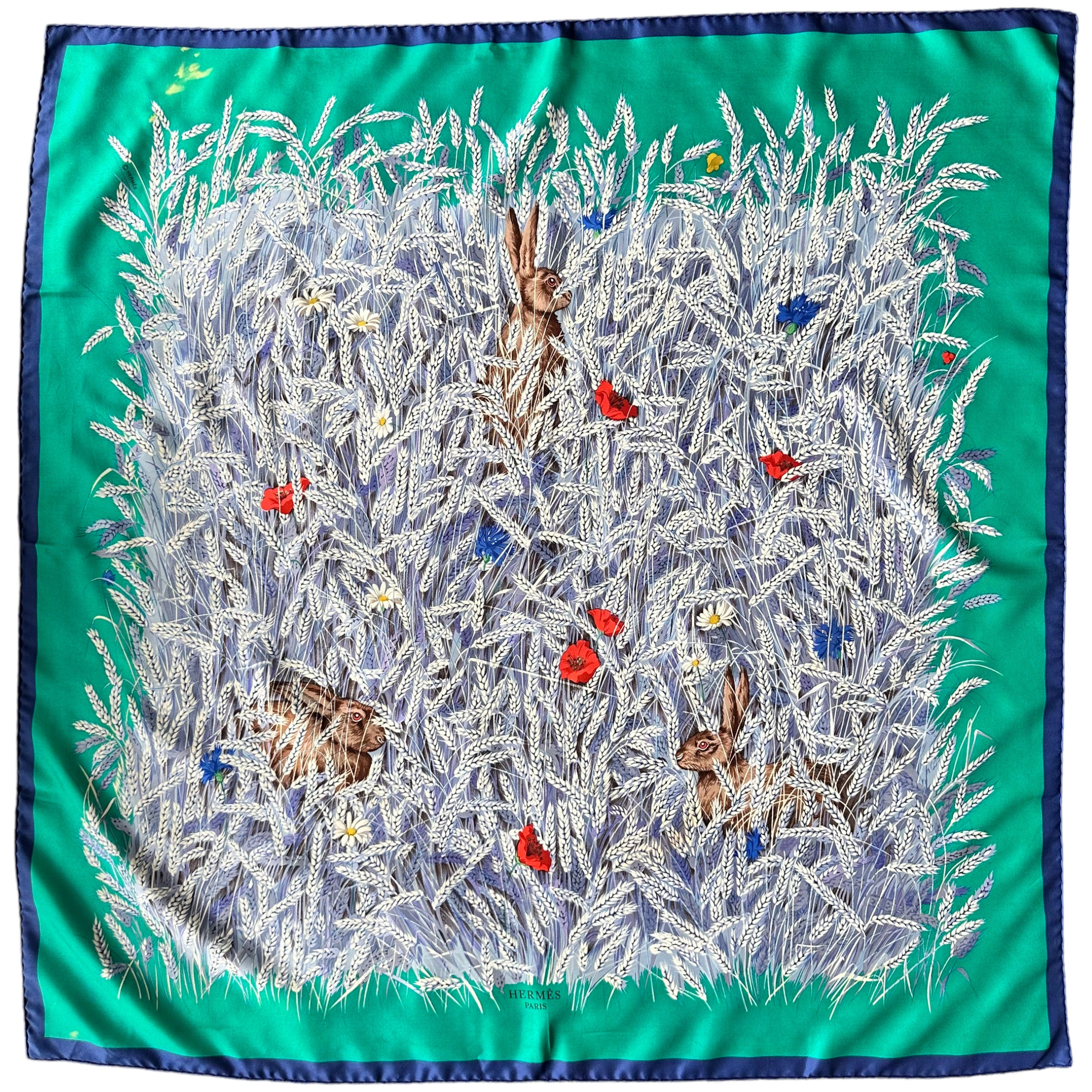 vue d'ensemble du foulard trois lapins dans les blés entourage vert et bleu